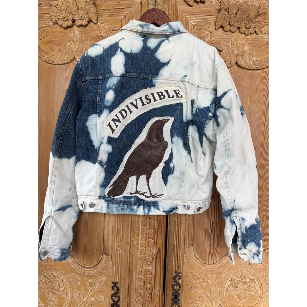 Upcycled Denim Jacket Crow Patch Indivisible Medium Folk Art - Picture 7 of 9